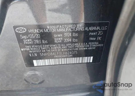 2020 Hyundai Elantra Sel z USA, uszkodzony, nr VIN 5NPD84LF3LH624075